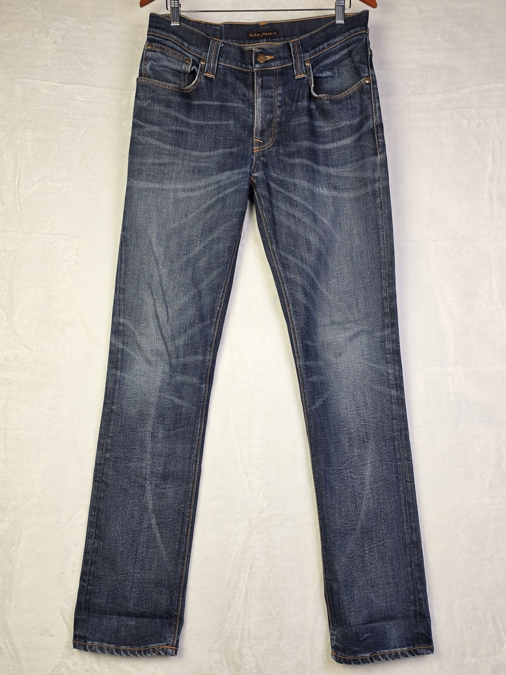 Nudie Jeans Co Mens 34x34 Blue Jeans Straight Leg Button Fly Organic Cotton